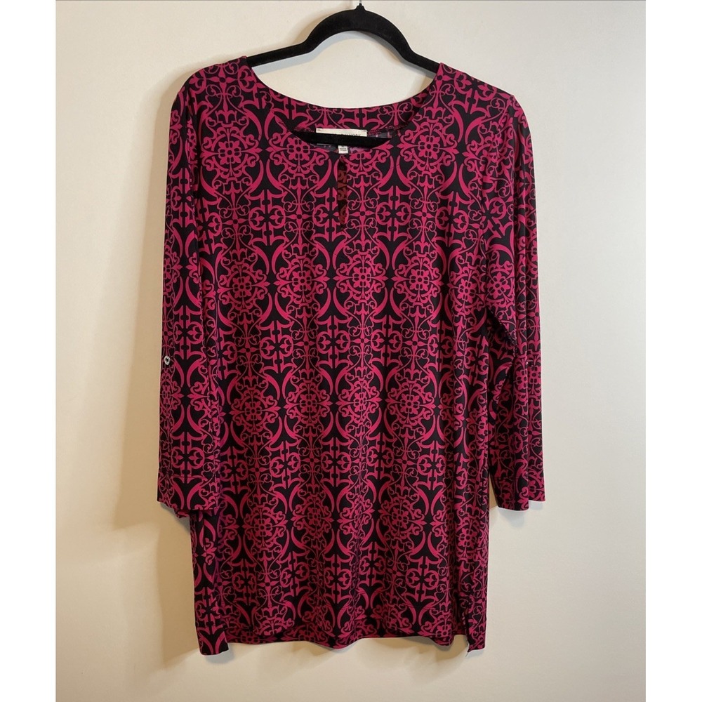 Jones New York Sport XL Magenta Black Scroll Print Tunic Top 3/4 Sleeve